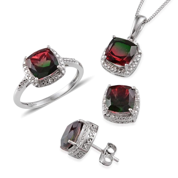 Tourmaline Colour Quartz (Cush), Diamond Ring, Pendant With Chain and Stud Earrings (with Push Back)