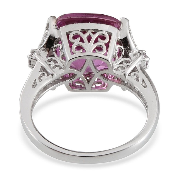 Kunzite Colour Quartz (Cush 5.50 Ct), White Topaz and Pink Sapphire Ring in Platinum Overlay Sterling Silver 5.900 Ct.