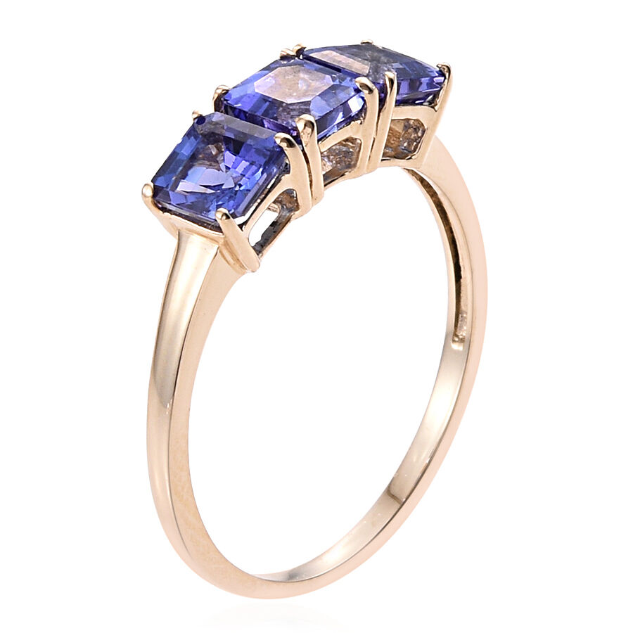 New York Collection 14K Y Gold Asscher Cut AAA Tanzanite Trilogy Ring 2.250 Ct.