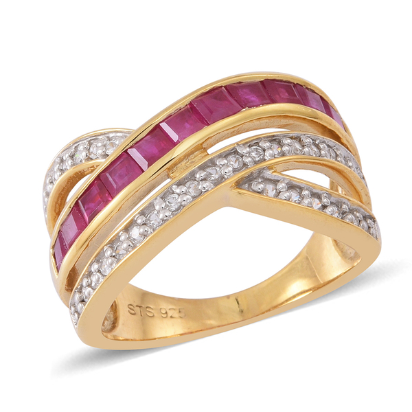 Ruby (Sqr), White Zircon Criss Cross Ring in 14K Gold Overlay Sterling Silver 2.000 Ct.