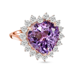 Rose De France Amethyst and Natural Cambodian Zircon Ring 14.12 cts in Rose Gold Overlay Sterling Si