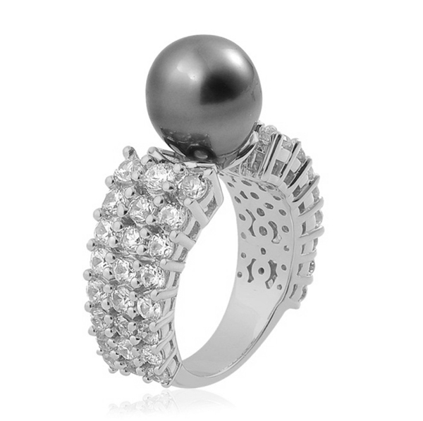 Tahitian Pearl and White Zircon Ring in Platinum Overlay Sterling Silver