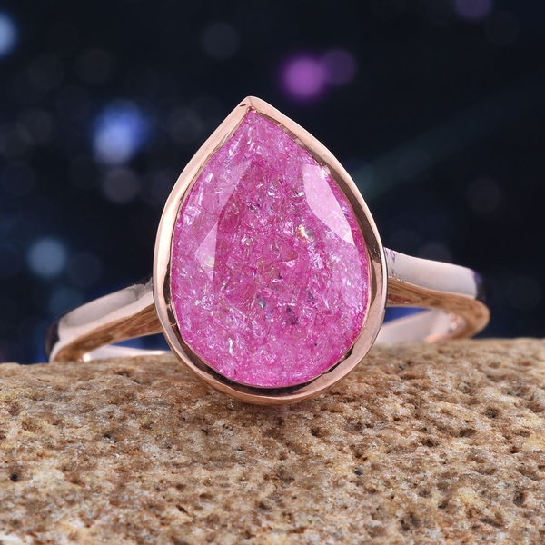 Hot Pink Crackled Quartz (Pear) Solitaire Ring in Rose Gold Overlay Sterling Silver 4.750 Ct.