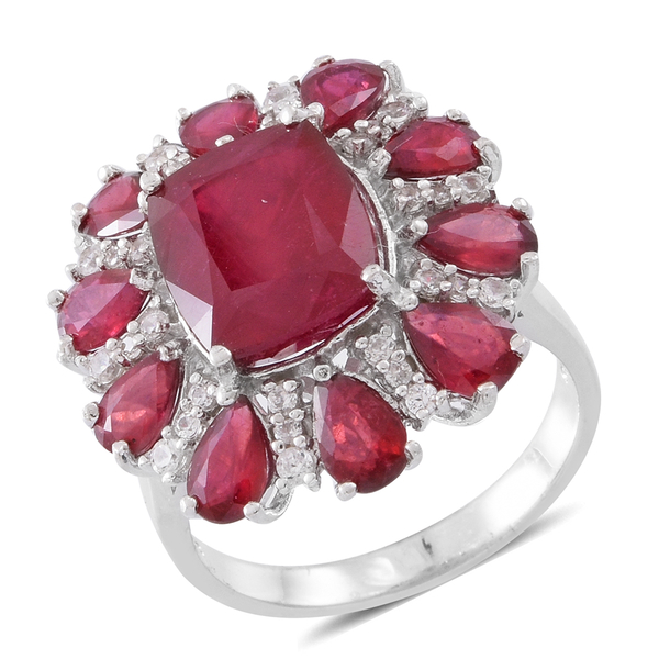 Red Carpet Collection- African Ruby (Cush 7.90 Ct), Natural White Cambodian Zircon Ring in Rhodium P