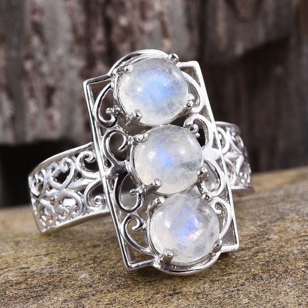 Natural Rainbow Moonstone (Rnd) Trilogy Ring in Platinum Overlay Sterling Silver 5.250 Ct.