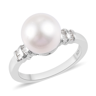 Edison Pearl and Diamond Ring in Platinum Overlay Sterling Silver
