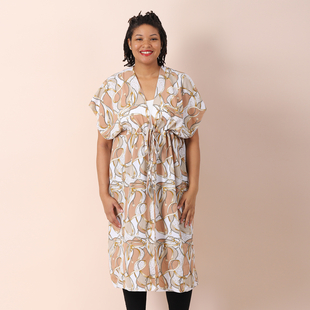 JOVIE Printed Kimono Chiffon Long Kaftan with Ruffles Sleeves (Size 80x93 Cm) - White and Multi