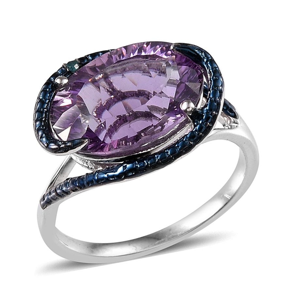 Concave Cut Amethyst (Ovl 4.75 Ct), Blue Diamond Ring in Platinum Overlay Sterling Silver 4.760 Ct.