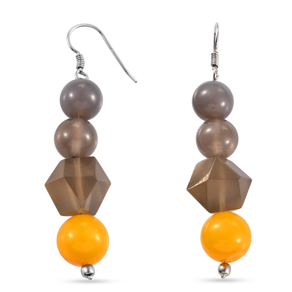 Yellow Agate and Onyx Earrings in Platinum Overlay Sterling Silver 86.00 Ct
