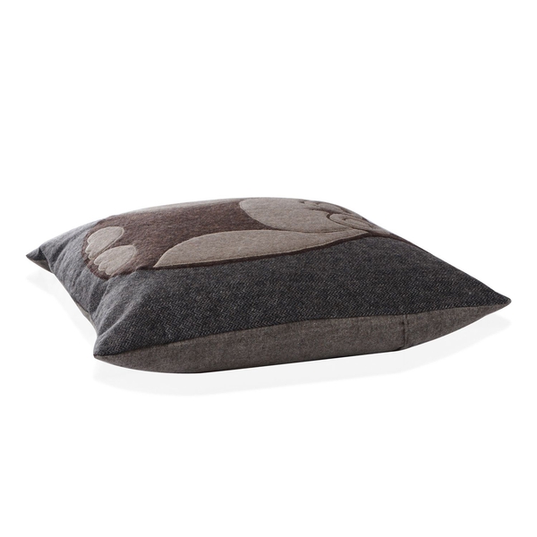Beige Colour Owl Pattern Chocolate Colour Woolen Cushion (Size 43x43 Cm)