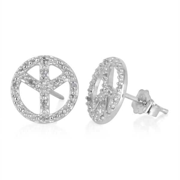 Diamond (Rnd) Peace Ring, Pendant and Stud Earrings (With Push Back) in Sterling Silver 0.125 Ct.