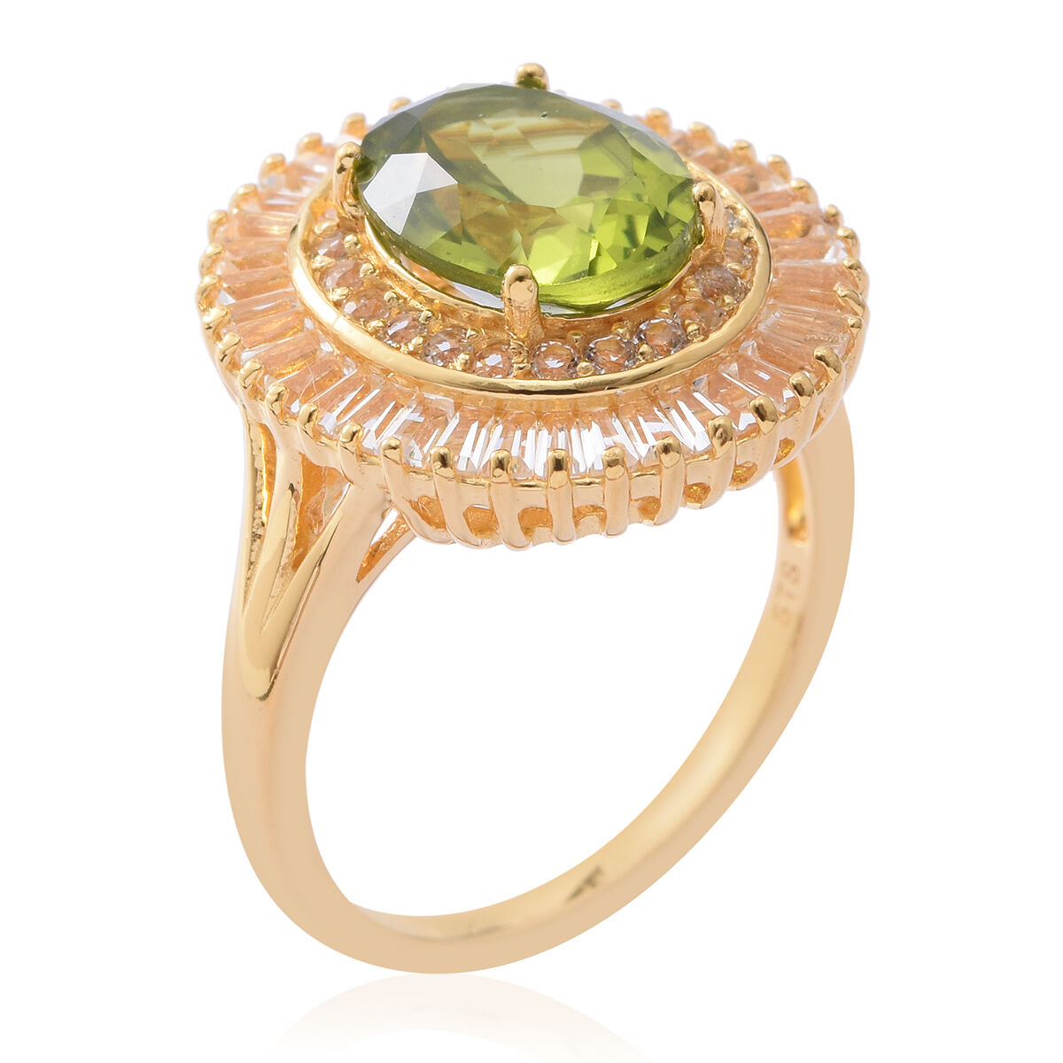 Extremely Rare Size- Hebei Peridot (Ovl 11X9MM 4.00 Ct), White Topaz Ring in Yellow Gold Overlay Sterling Silver 8.050 Ct.