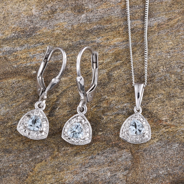 Espirito Santo Aquamarine (Trl), Diamond Pendant With Chain and Lever Back Earrings in Platinum Overlay Sterling Silver 0.780 Ct.