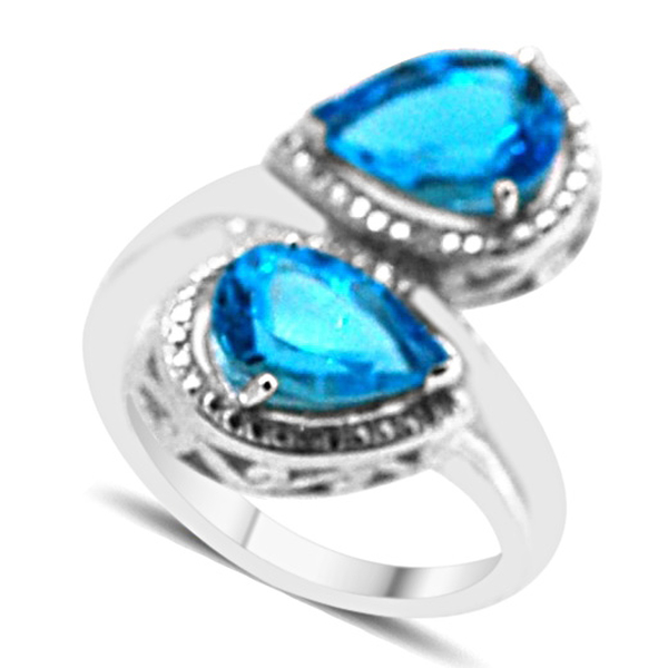 Swiss Blue Topaz (Pear), Diamond Crossover Ring in Rhodium Plated Sterling Silver 4.400 Ct.