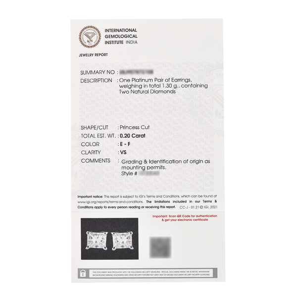 RHAPSODY 950 Platinum IGI Certified Diamond (Princess Cut) (VS/E-F) Solitaire Stud Earrings (with Screw Back) 0.20 Ct.