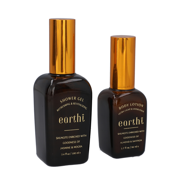 Shungite Enriched Earthi Jasmine and Mogra Bath & Body Shower Gel with Complementary Almond and Saffron Body Lotion (100ml+50ml)