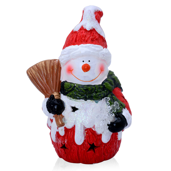 Multi Colour Ceramic Decorative Snow Man with Snowflake, Besom and LED Light