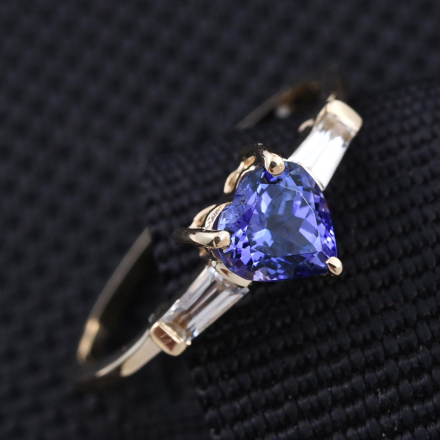 14K Yellow Gold 1 Carat Tanzanite Heart Ring, White Sapphire.