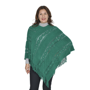 TAMSY Tassel Detailing Knitted Poncho With Beads - Green