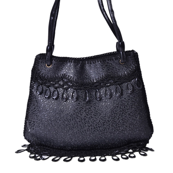 Crochet Lace and Dangling Charms Embellished Black Colour Scroll Vine Pattern Water Resistant Tote B