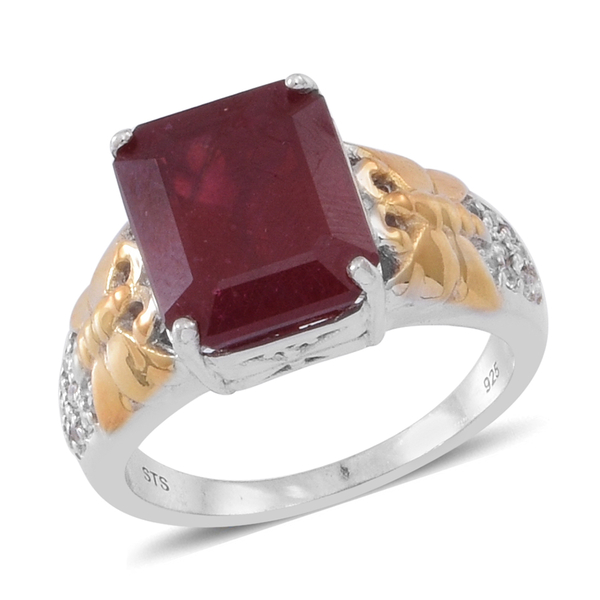 African Ruby (Oct 9.30 Ct), Natural Cambodian White Zircon Ring in Rhodium and Yellow Gold Overlay S