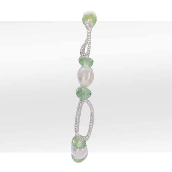 Fresh Water White Pearl, Green and White Glass Necklace (Size 18) and Bracelet (Size 7.5) in Stainless Steel