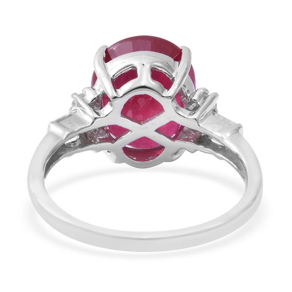 African Ruby (Ovl 12x10mm, 7.15 Ct), Natural Cambodian White Zircon Ring in Rhodium Overlay Sterling Silver 7.620 Ct.