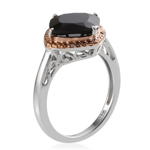 Boi Ploi Black Spinel (Cush 4.00 Ct), Champagne Diamond Ring in Platinum Overlay Sterling Silver 4.030 Ct.