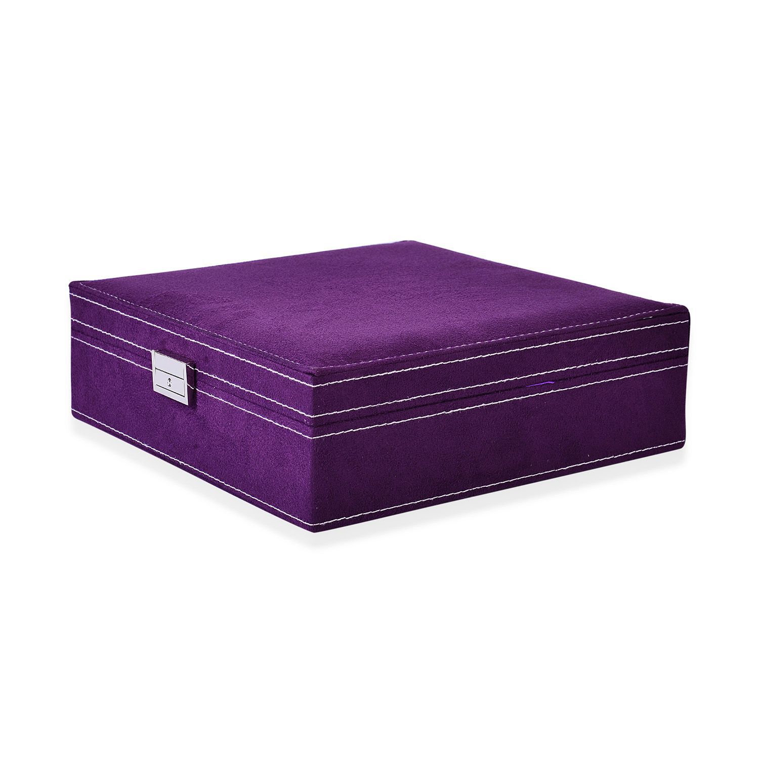 Purple Velvet -  2 Tier Jewelry Box , Removable Ring tray (store  70-80 rings, 2 Bracelet and 2 Anklet Slots) , 8 Necklace Hooks and 9 Sections Multi Storage with Lock and Key (Size 26x26x9 Cm)