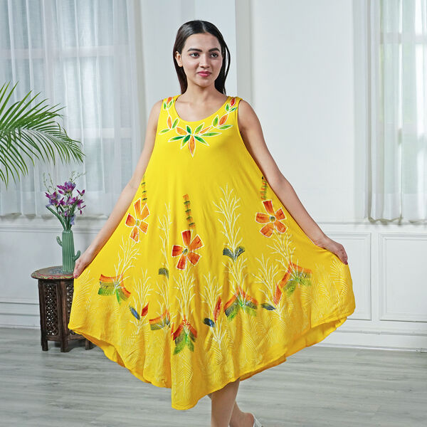 Tie & Dye Yellow Umbrella Dress in Floral and Leaf Pattern (Size upto