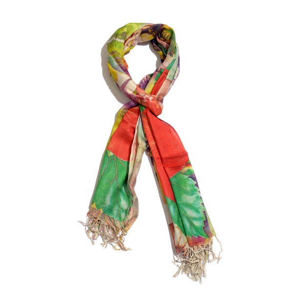 Butterfly and Floral Pattern Green Colour Scarf (Size 180x70 Cm)