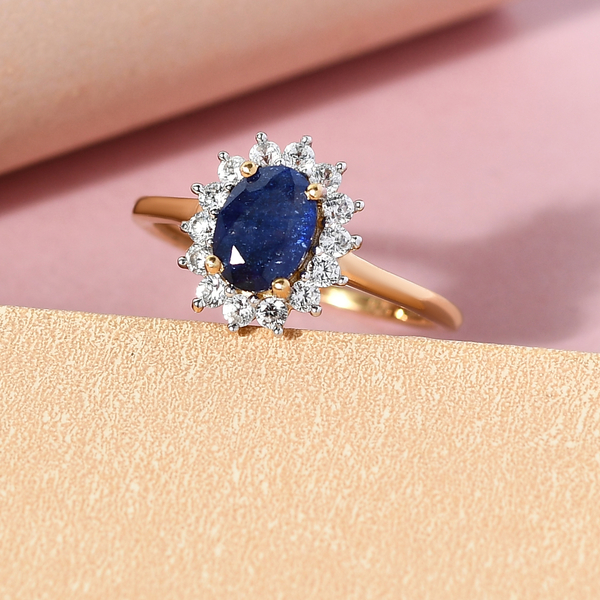 Fissure Filled Blue Sapphire (FF) and Natural Cambodian Zircon Ring in 14K Gold Overlay Sterling Silver 1.66 Ct.