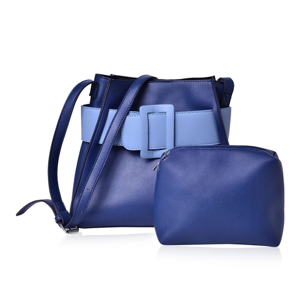 Set of 2 - Navy and Light Blue Colour Buckle Belt Design Large Handbag (Size 28x25x12.5 Cm) with Adj
