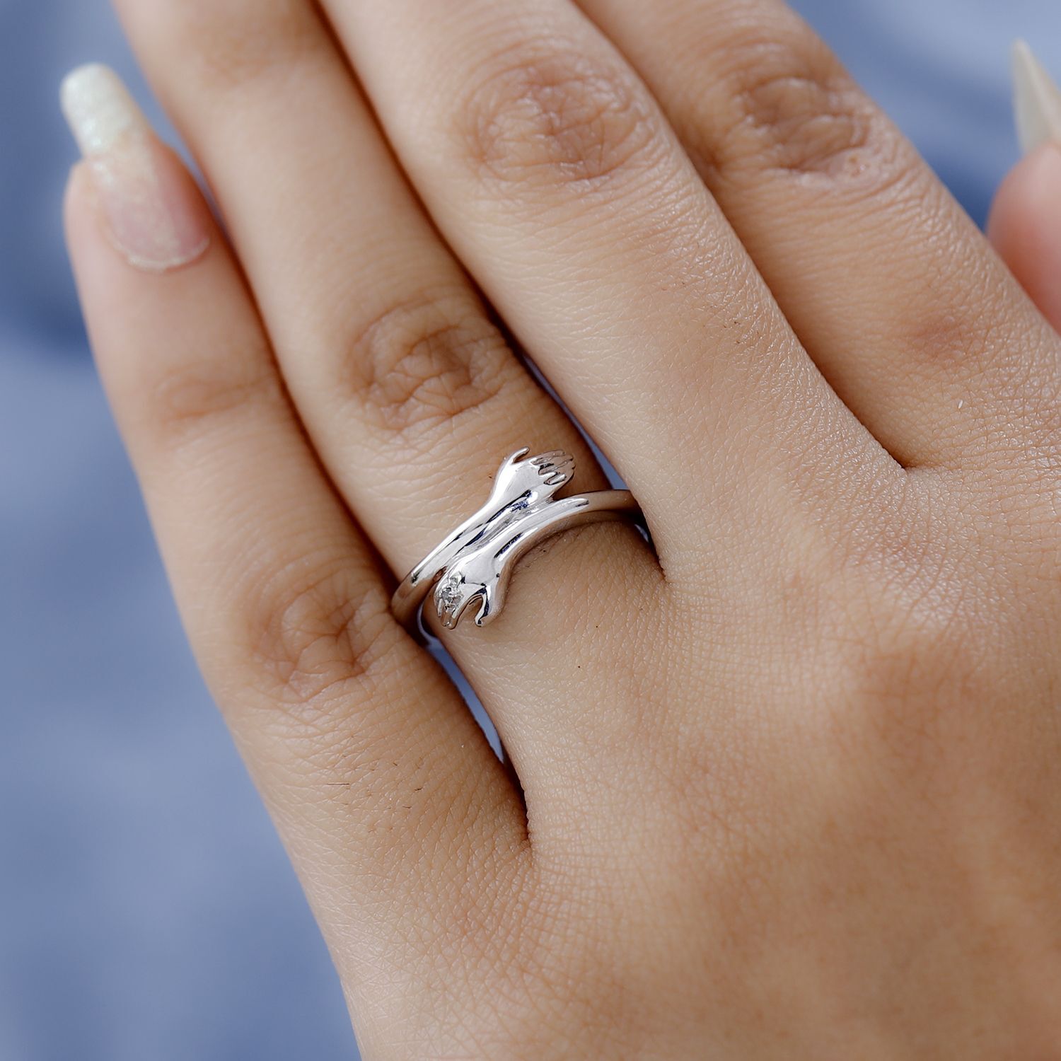 Diamond Hand Bypass Ring in Platinum Overlay Sterling Silver