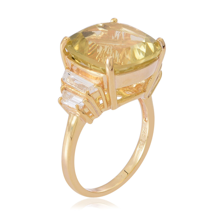 Lemon Quartz (Cush 12.00 Ct), White Topaz Ring in 14K Gold Overlay Sterling Silver 13.000 Ct.