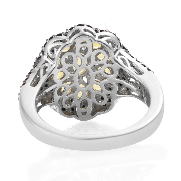 Natural Canary Opal (Ovl), Boi Ploi Black Spinel Floral Ring in Platinum Overlay Sterling Silver 2.500 Ct.