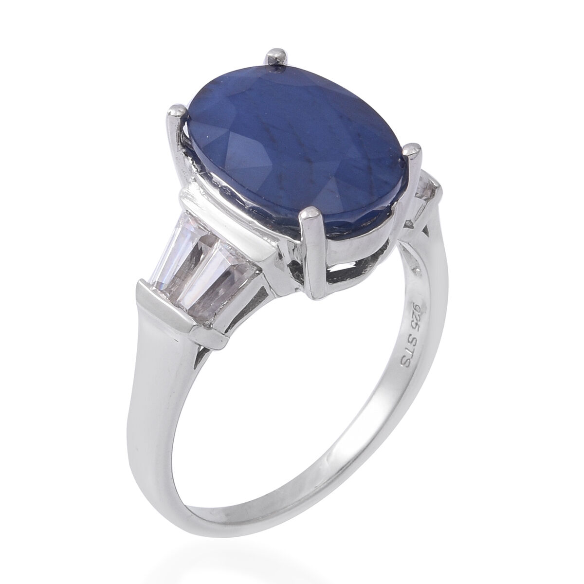 Extremely Rare Size Madagascar Blue Sapphire (Ovl 14x10 mm), Natural Cambodian White Zircon Ring in Rhodium Overlay Sterling Silver 9.690 Ct