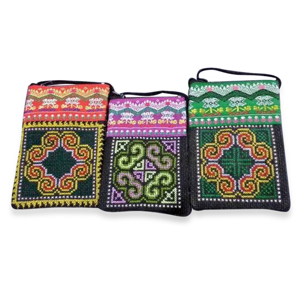 (Option 1) Set of 3 - Hmong Pattern Green, Pink and Red Colour Pouches With Strap