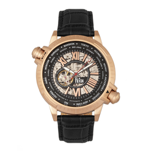 Reign Thanos Automatic Movement Skeleton Dial Water Resistant Watch with Stainless Steel Case and Genuine Leather Strap - Rose Gold & Black