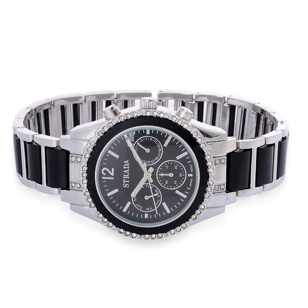STRADA Japanese Movement Chronograph Look Black Dial White Austrian Crystal Water Resistant Watch in