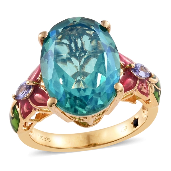 GP Peacock Quartz (Ovl 13.30 Ct), Tanzanite and Kanchanaburi Blue Sapphire Ring in 14K Gold Overlay 