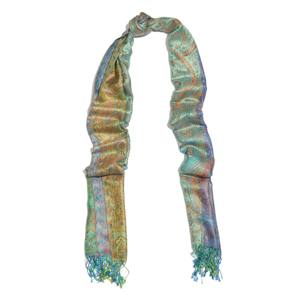 SILK MARK - 100% Superfine Silk Blue, Green and Multi Colour Paisley Pattern Reversible Jacquard Scarf with Tassels (Size 190X70 Cm)