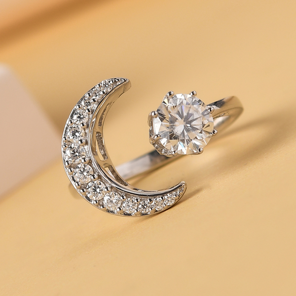 Moissanite Crescent Moon Open Ring in Platinum Overlay Sterling Silver 1.02 Ct.