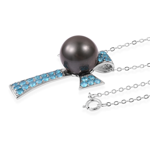 Tahitian Pearl (Rnd 12-13 mm), Malgache Neon Apatite Cross Pendant with Chain in Rhodium Plated Sterling Silver 14.730 Ct.