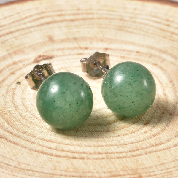 Green Aventurine (Rnd) Stud Earrings (with Push Back) in Rhodium Overlay Sterling Silver 8.00 Ct.