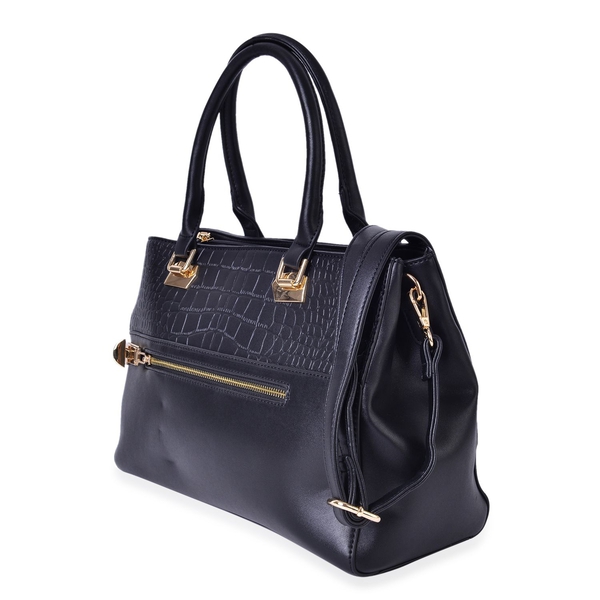 Croc Embossed Black Colour Tote Bag with 2 External Zipper Pockets and Adjustable and Removable Shoulder Strap (Size 34X25X13.5 Cm)