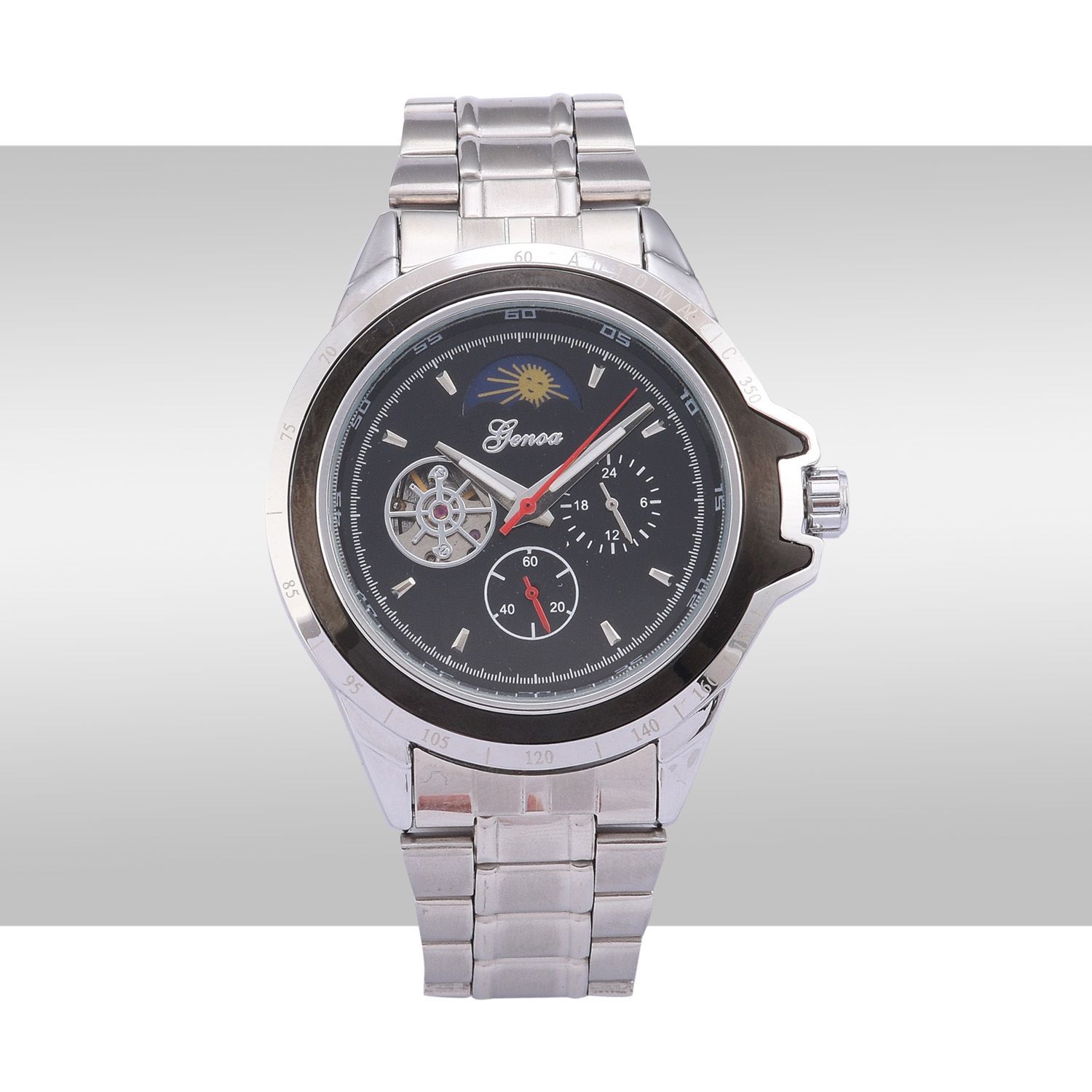 GENOA Automatic Skeleton Black Dial Water Resistant Watch in ION Plated Silver with Stainless Steel Back and Chain Strap