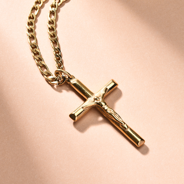 NY Close Out Deal- Crucifix Pendant With Figaro Necklace (Size - 24) in Yellow Gold Tone