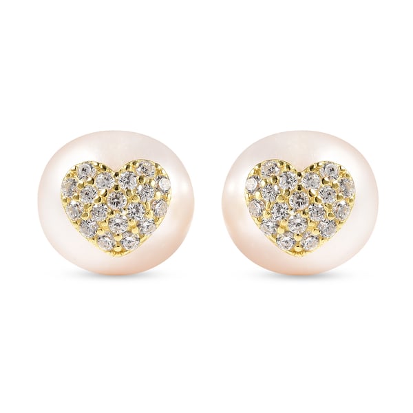White Freshwater Pearl and Simulated Diamond Stud Earrings (with Push Back) in Yellow Gold Overlay S