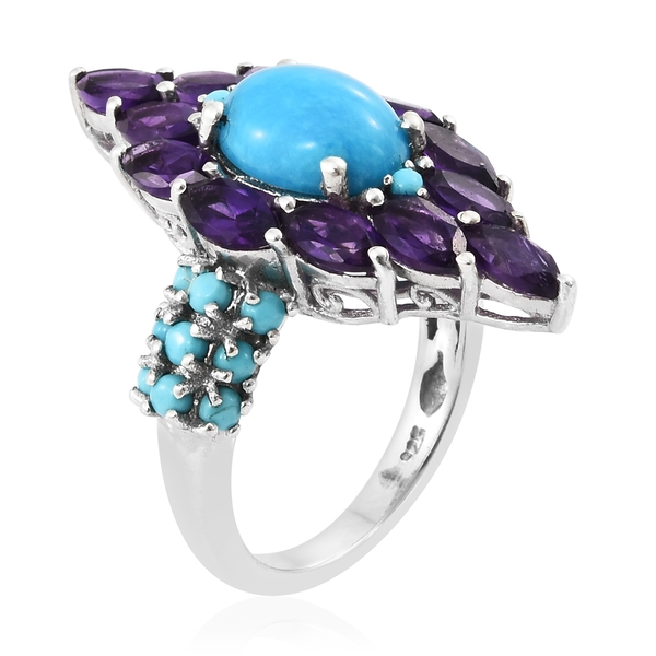 Arizona Sleeping Beauty Turquoise (Ovl 2.35 Ct), Amethyst Ring in Platinum Overlay Sterling Silver 5.750 Ct. Silver wt 5.09 Gms.